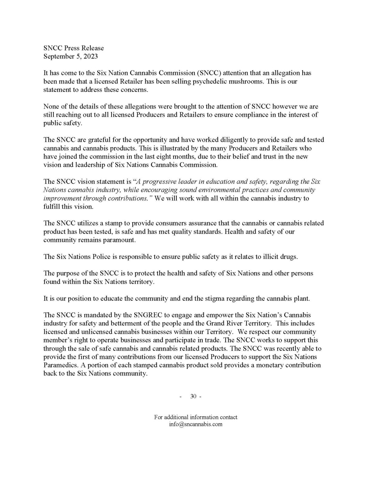 Six Nations Cannabis Commission Press Release – September 5th, 2023