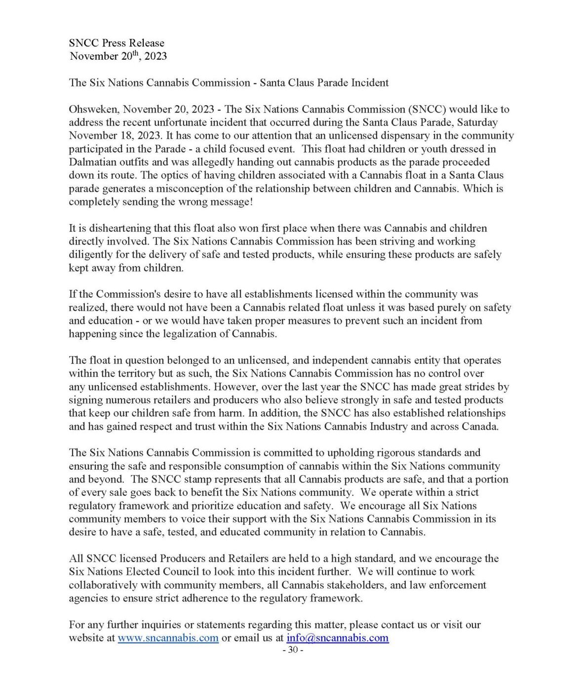 SNCC Press Release – Santa Claus Parade Incident